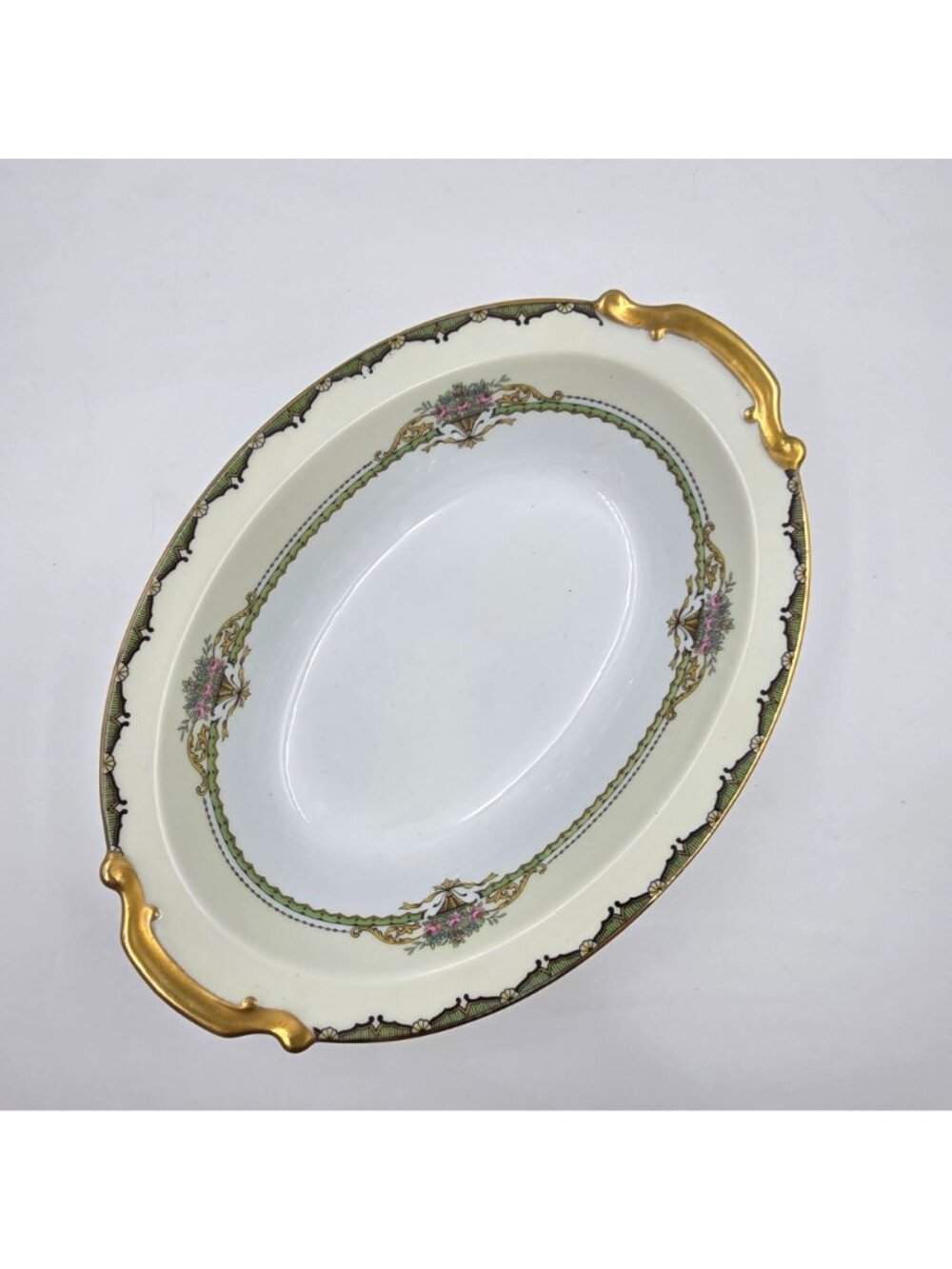 Noritake Penelope Oval Vegetable Bowl Green Border Pink Roses Urn Gold Trim - Picture 2 of 6